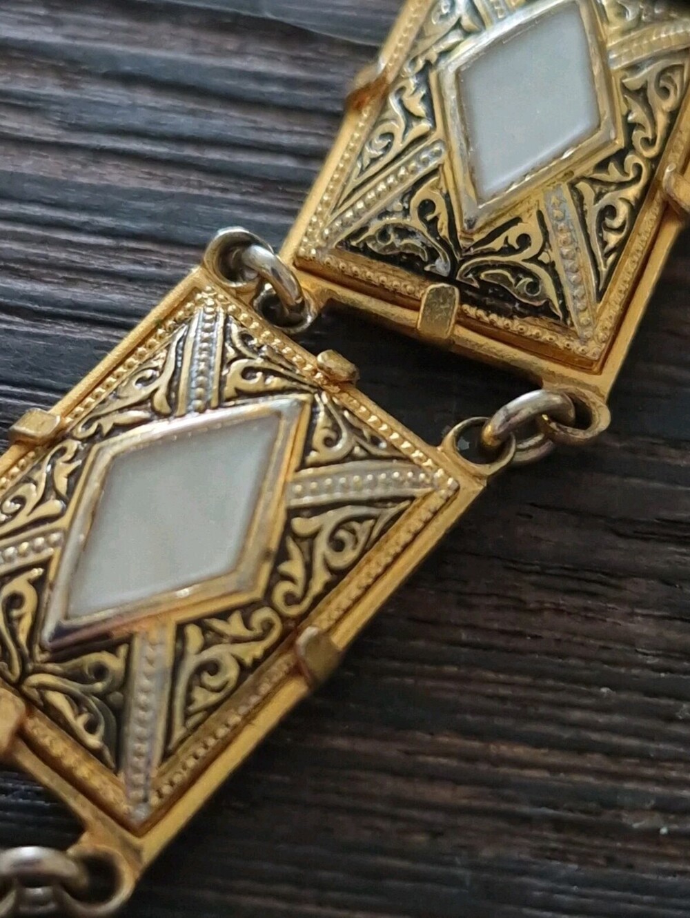 Vintage Spanish Damascene Style MOP inlay Bracelet